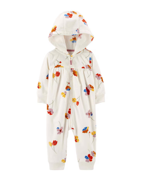 Macacão bebê de fleece com capuz flores off-white | Carter's