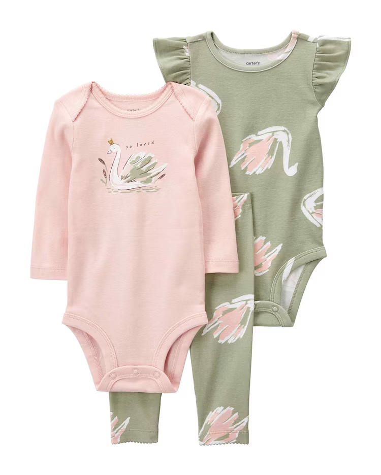 Conjunto longo bebê 3 peças cisne aquarela verde | Carter's